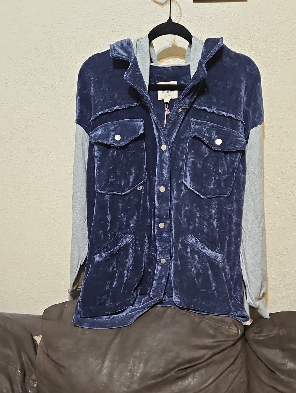 Umgee Navy Velvet Hooded Button-Front Jacket with Gray Knit Sleeves